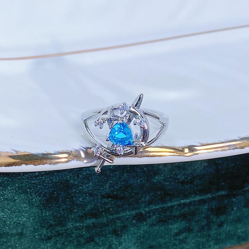 Caibao Personalized Sea Blue Micro-Inlaid Zir*****Pen Ring Female Geometric Niche Light Luxury High-End Ring Female