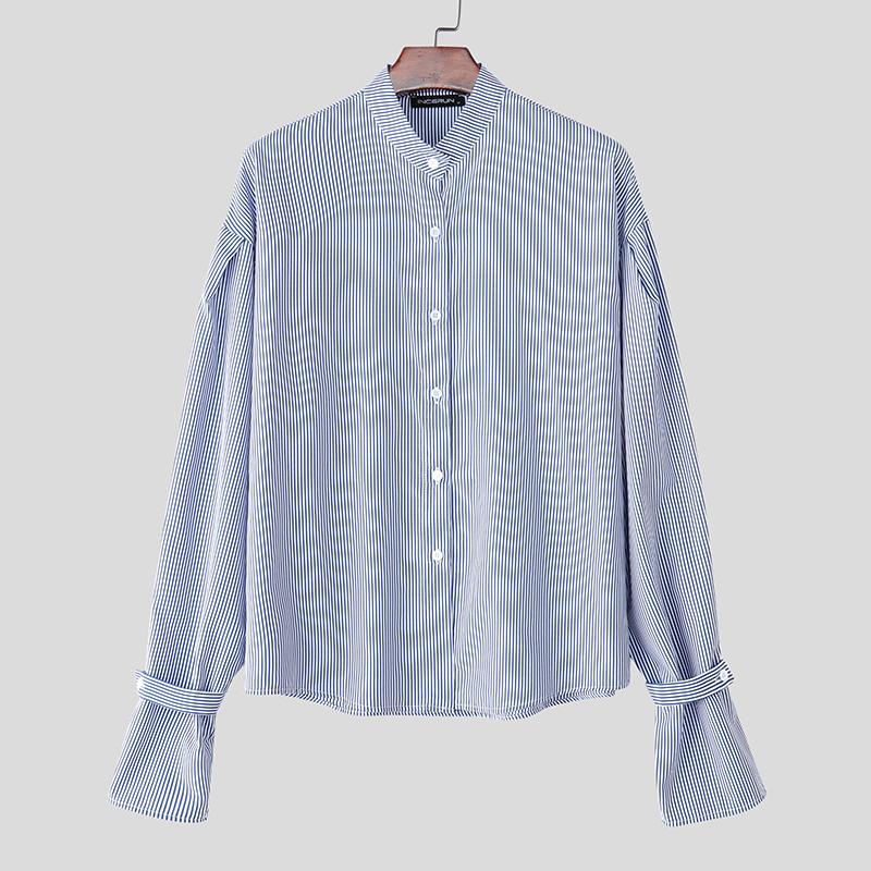 INCERUN Oversized Men Casual Loose Long Sleeve Striped Print Buttons Shirts Tops