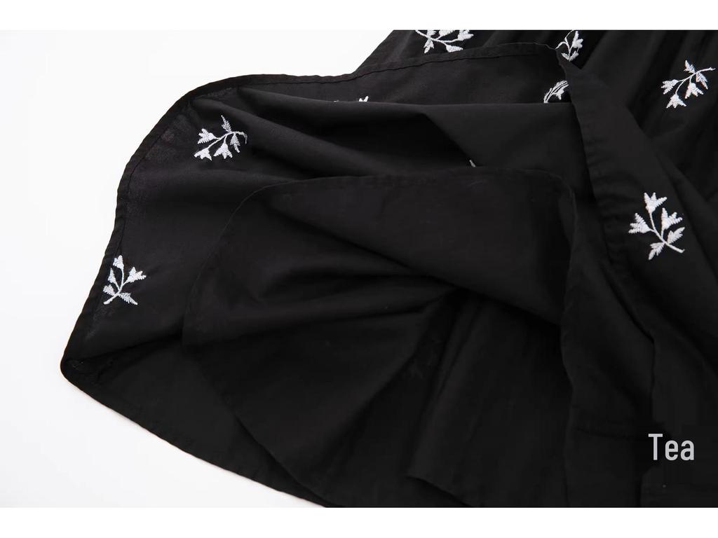 Spring 2025 Women's Black Floral Embroidered Poplin Dress (European & American Style)