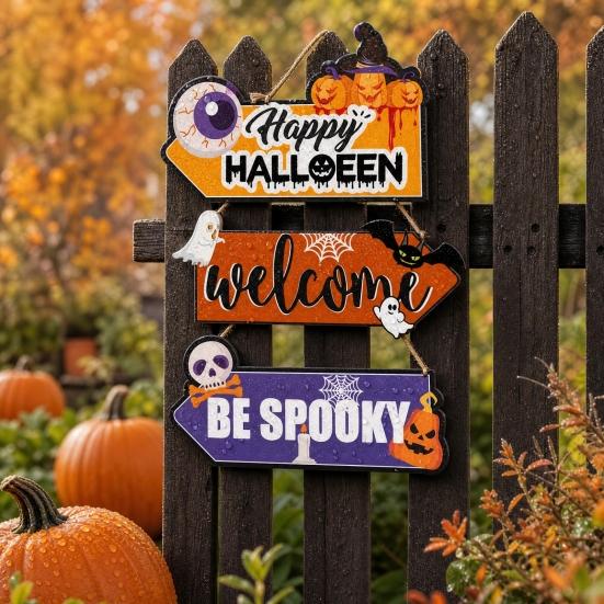 Happy Halloween Door Sign, Spooky Skull Ghost Pumpkin Bat Front Door Hanger, Rustic Wooden Wall Hanging Decor for Home Room Indoor Outdoor Party