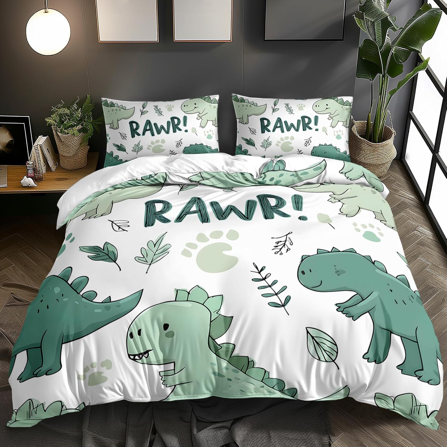 

Dinosaur Duvet Cover Set Queen Twin Size,3Pcs Cartoon Dino Print Bedding Set for Kids Boys Room,Soft Microfiber Comforter Cover (135x200cm)
