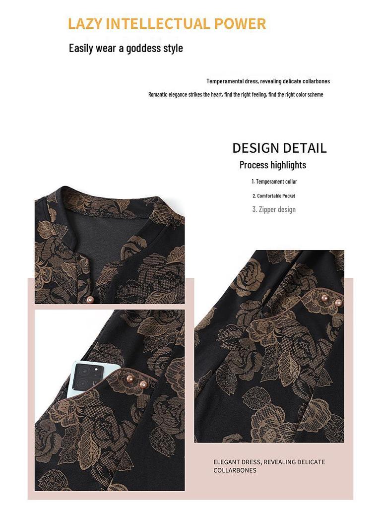 Spring New Plus Size Jacquard V-Neck Dress for Middle-Aged Women - Slimming, Long Sleeve, Stylish