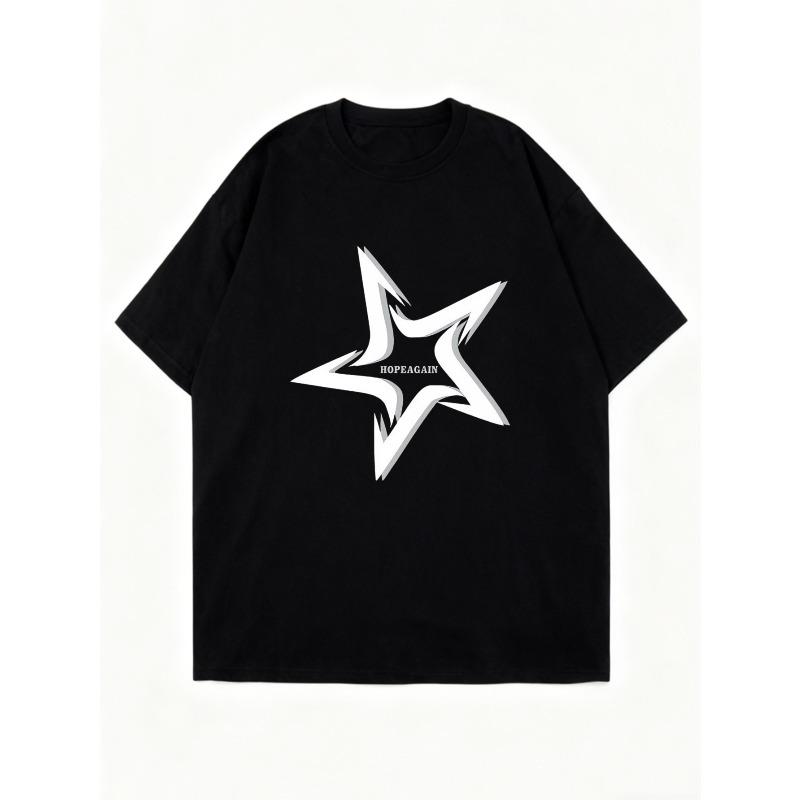 Oversized T Shirt Black Star Print With Hopeagain Text Casual Wear For Women