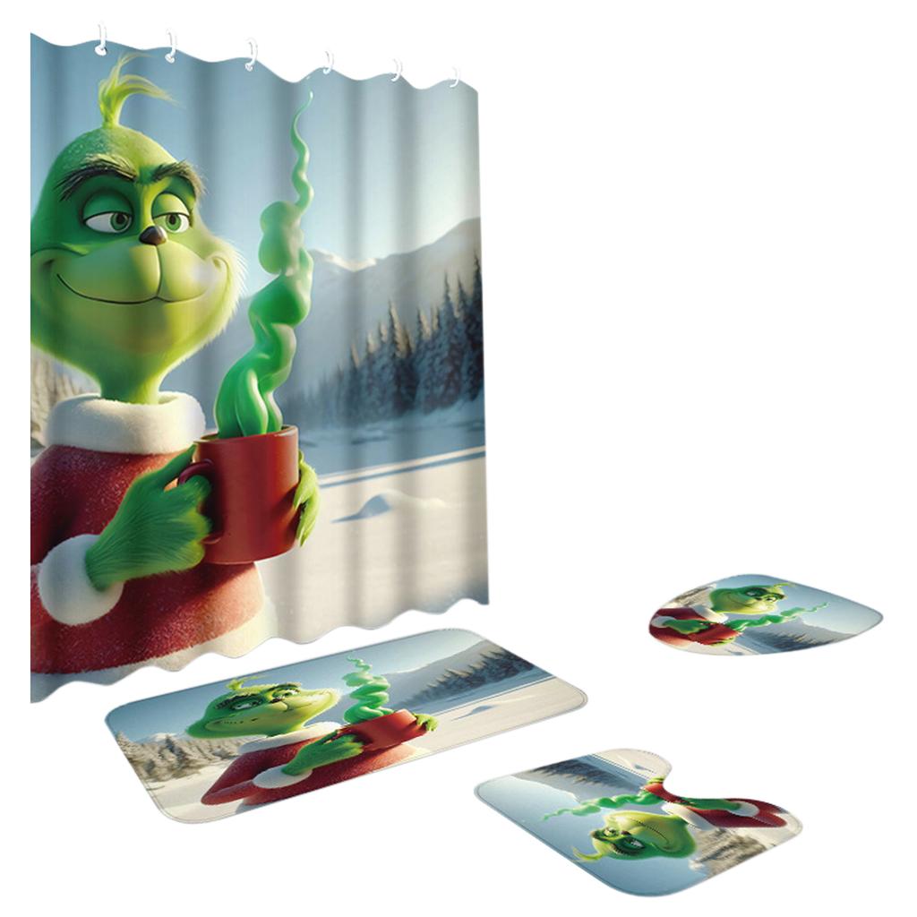 Greentown Series Shower Curtain Floor Mat Four Piece Set, Home Bathroom Dry Wet Separation Partition Shower Curtain Waterproof Shower Curtain