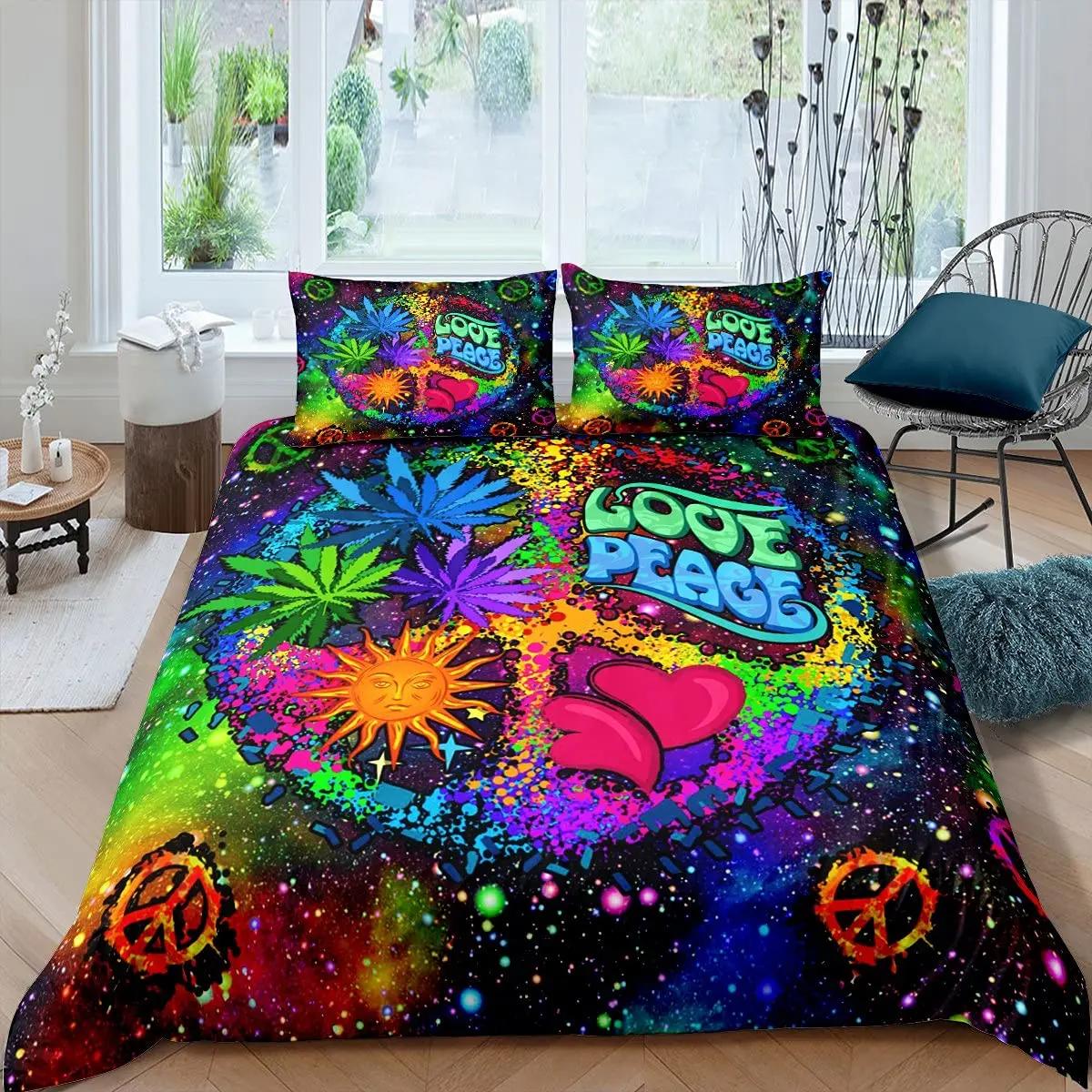 

Comforter Boho Hippie Psychedelic Flowers Colorful Peace Sign Bedding For Boys Girls Women Bedroom Decorative Rainbow Tie Dye Comforter (quilt)-EU Single(135*200cm)3pcs