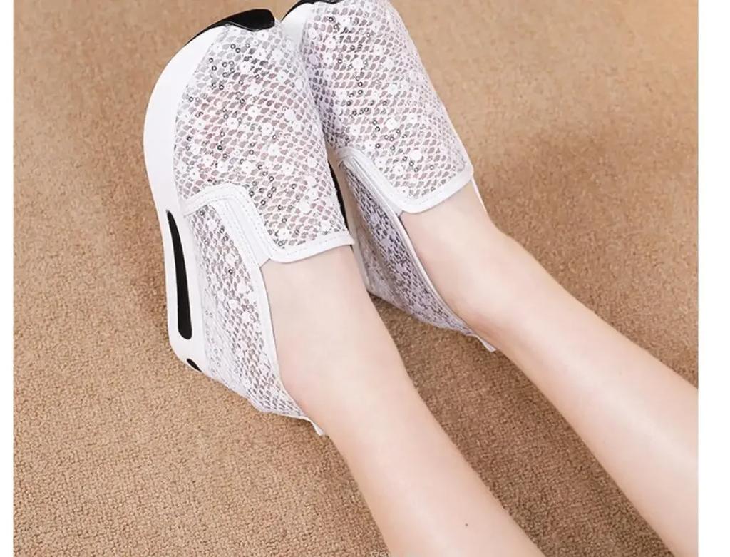 Fashion Women's Sneakers Floral Glitter Embroidery Mesh Sneakers for Women Slip On Casual Comfy Heeled Shoes Woman Wedges Shoes