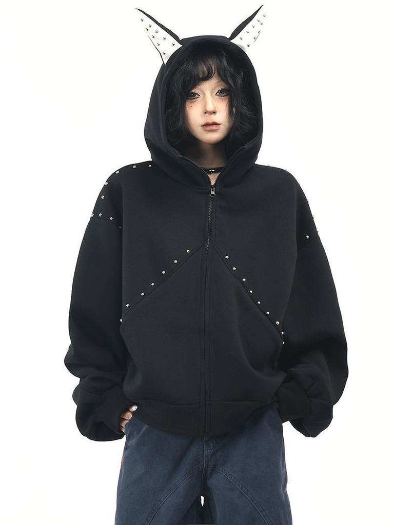 Damen Baggy Kapuzenpullover Niet-Spleißmantel Reißverschluss Strickjacke Jacke Harajuku Kleidung Herbst Winter