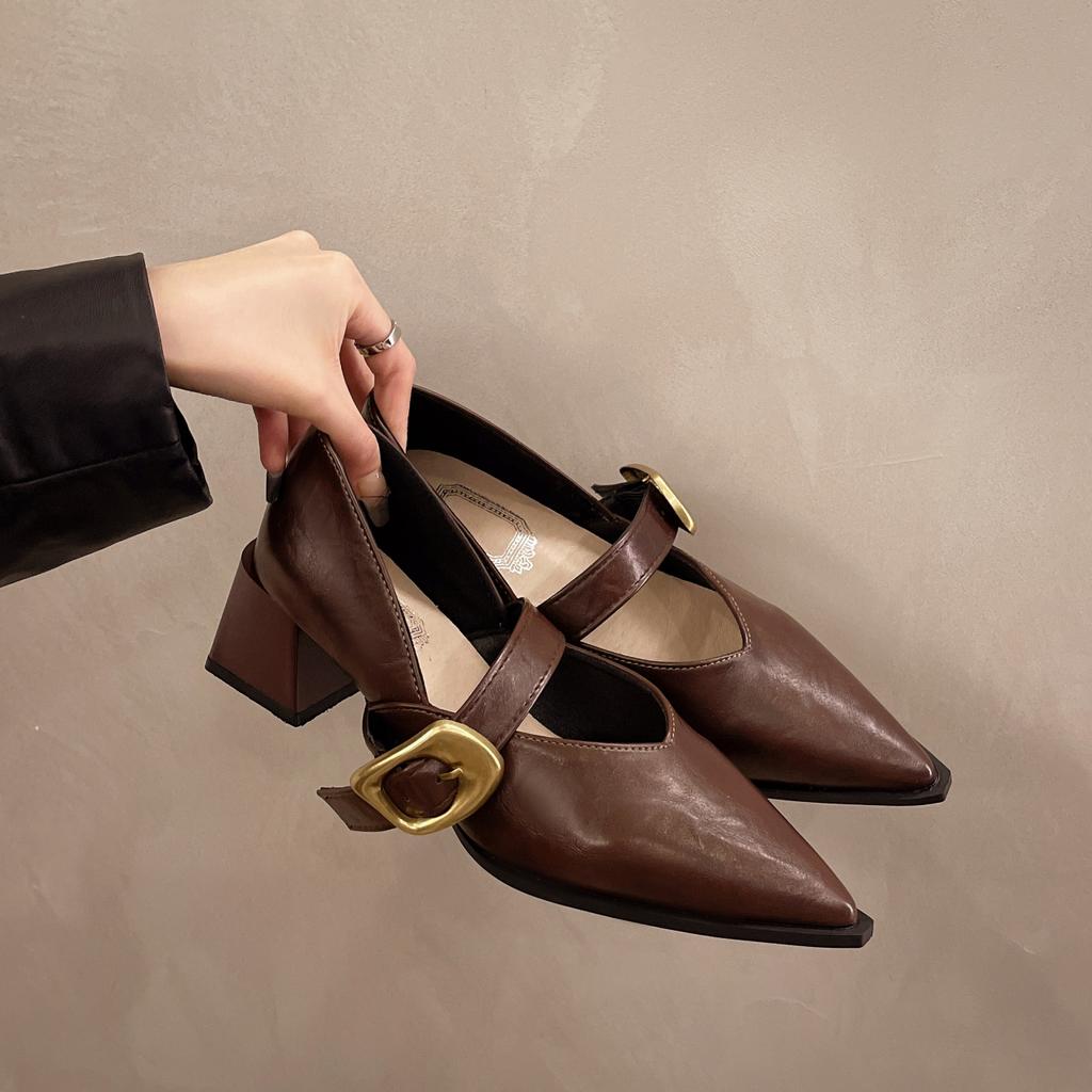 Pantofi cu toc pentru femei, de primăvară, cu vârf ascuțit, pantofi Mary Jane pentru femei, casual, cu cataramă, cu toc înalt pentru petrecere, pantofi de damă