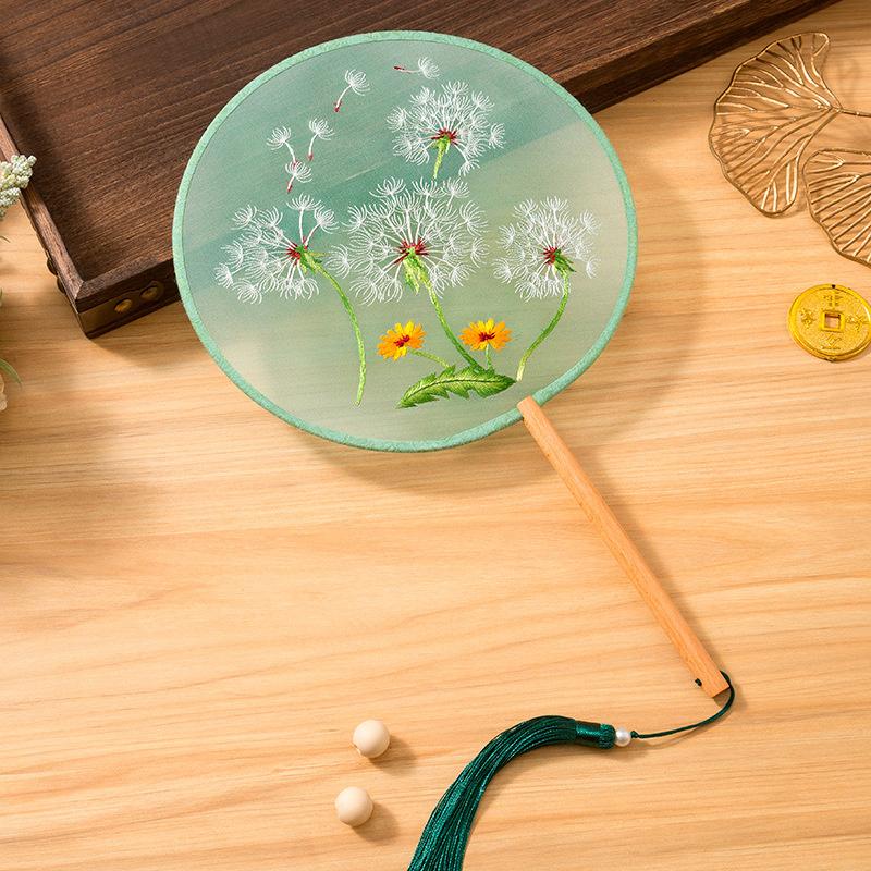 China Fan  Semi-Transparent Long Handle Tassel Dance Fan Female Costume Hanfu Cheongsam Embroidery Small Round Fan