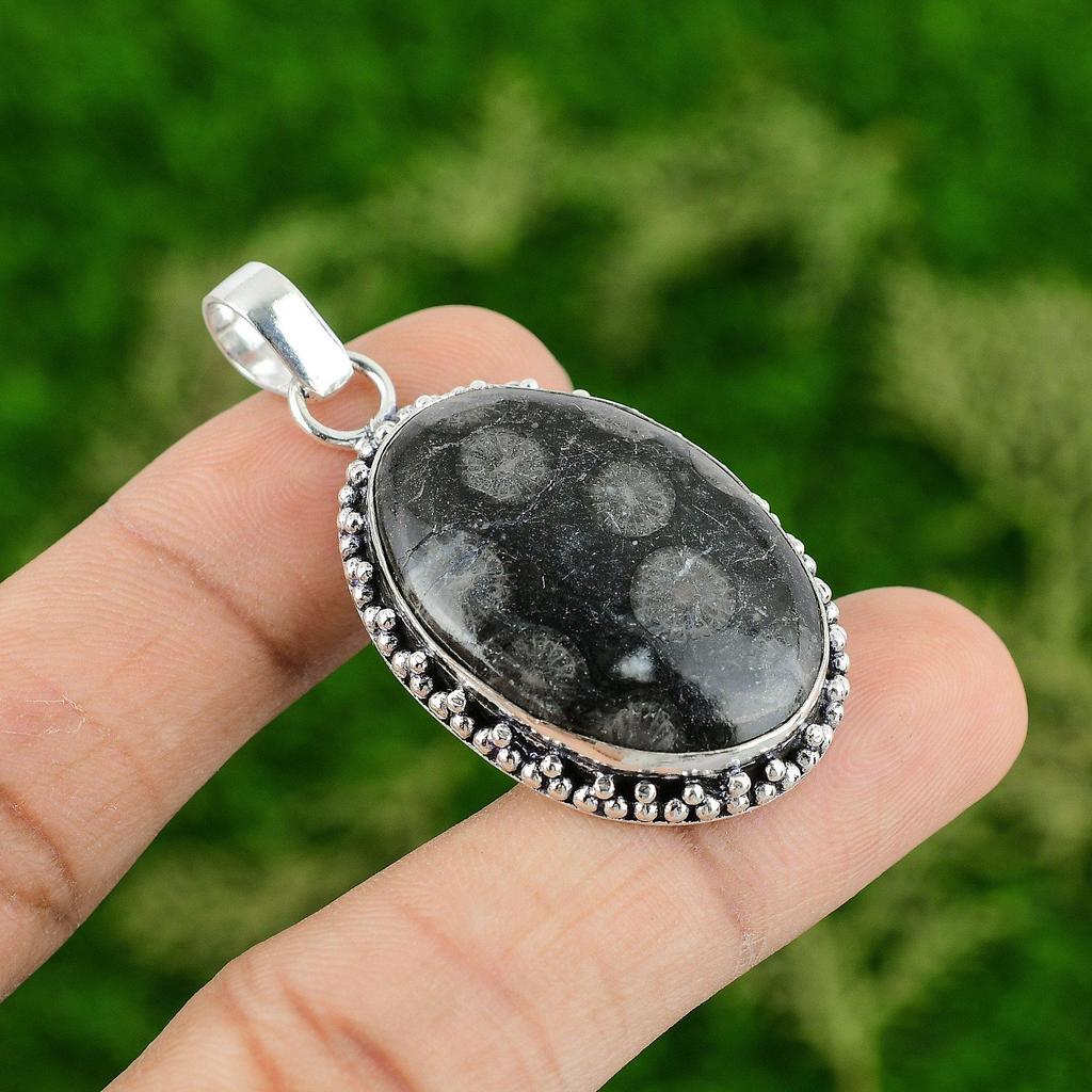 Daughters Day Deal Natural Black Fossil Coral 925 Silver Ethnic Pendant Jewelry