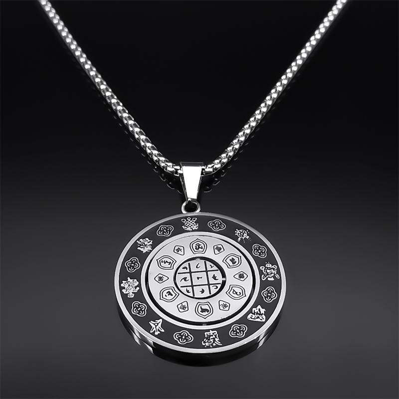 Buddhismus Chinesisches Tierkreiszeichen Lotus Drehbar Halskette für Männer Frauen Edelstahl Neun Paläste Bagua Amulett Kette Schmuck NZZZ172