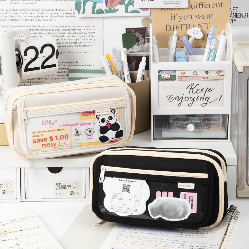 Flip Cover Pencil Bag Pen Case Transparent Front Multi Pocket Oxford Fabric Storage Pouch for Stationery