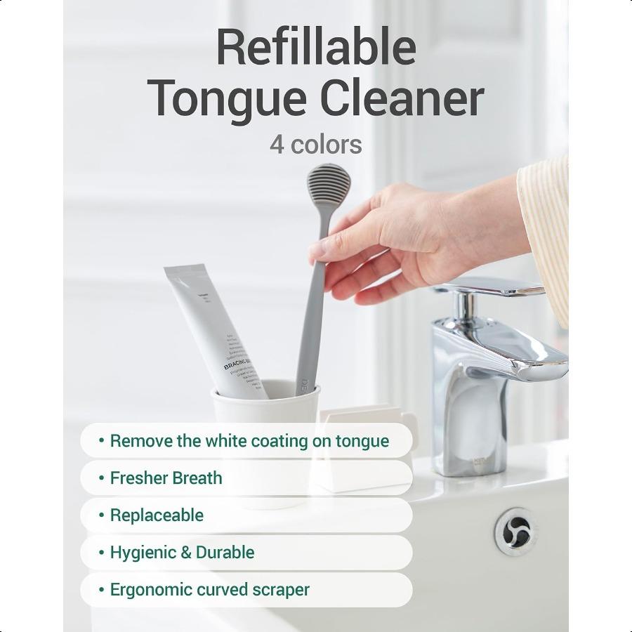 DEARCUS Korean Tongue Scraper with 3 Replaceable Heads 100% BPA Free TPE Tongue Cleaner Reduce Bad Breath and Without Hurt Hygi