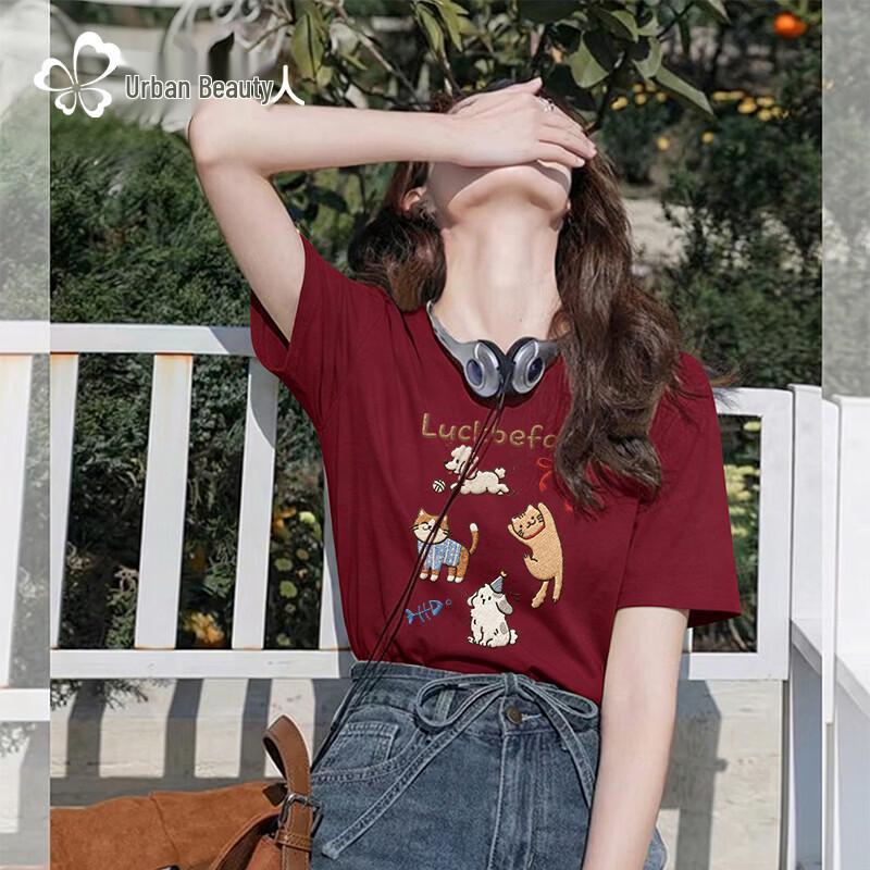Women s Loose Fit Cotton Cartoon Print Short Sleeve T-Shirt L