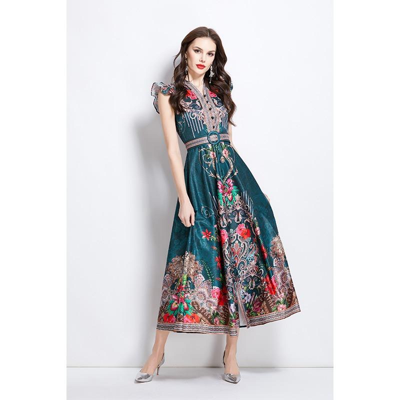 Summer Women Vintage Palace Print Designer Runway Dress V-neck Single Breasted Long Maxi Holiday Beach Boho Dresses with Belt