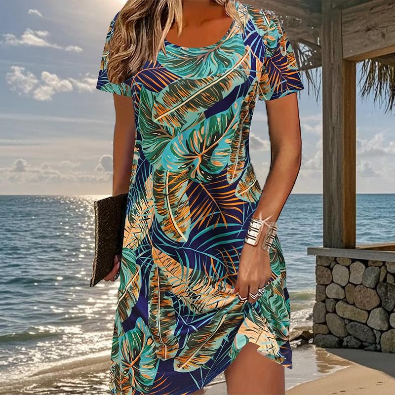 

Модное женское свободное платье-трапеция с цветочным принтом и коротким рукавом с принтом листьев 8XL зелёный