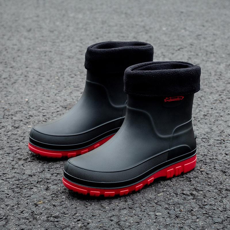 Hot Sales Men'S Rain Boots Designer Waterproof Mid Calf Boots Plush Non Slip Pvc Work Shoes Comfortable High Quality Men Shoes