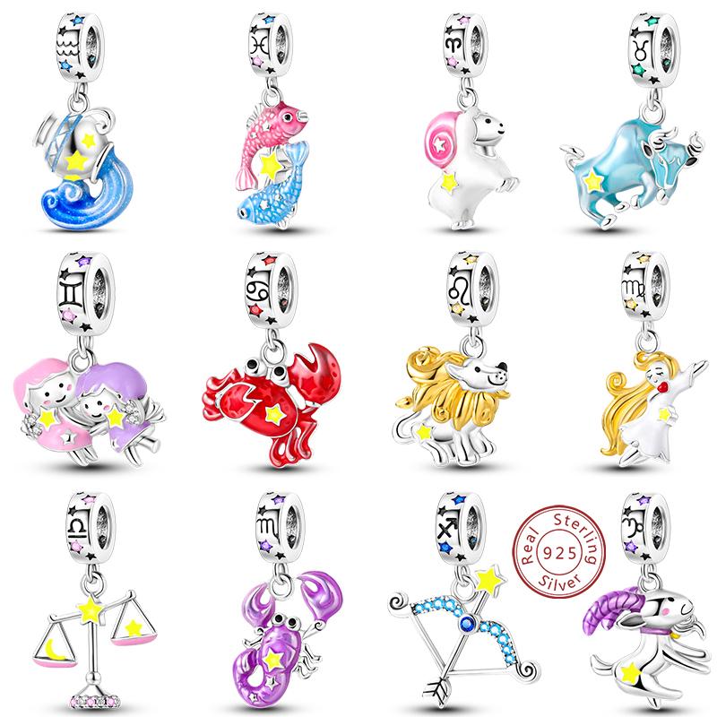 

1Set Original Copper Charm Bead 12 Zodiac Signs Constellation Charm Fit Bracelet Pendant Women Jewelry Accessories