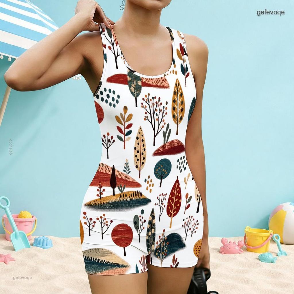 Women Plus Size Square Neck Wide Straps One Piece Boyshort Landscape Printed Swimsuit