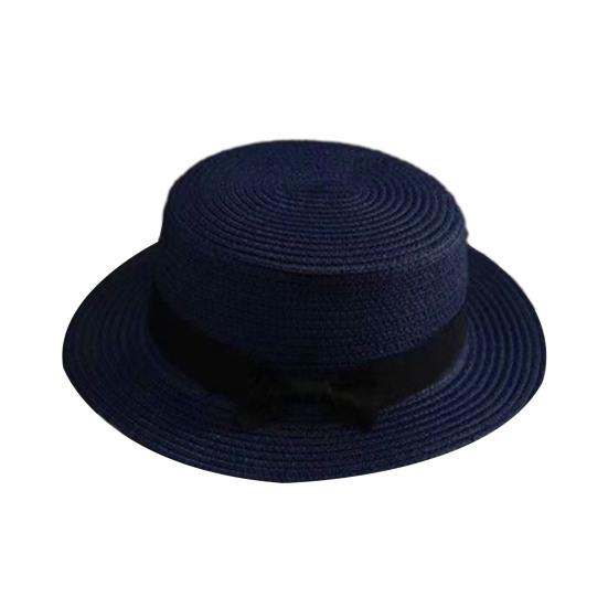 Beach Straw Hat Flat Top Wide Brim Sun Protection Hat with Black Ribbon Bow Hand-Woven Breathable Summer Hat