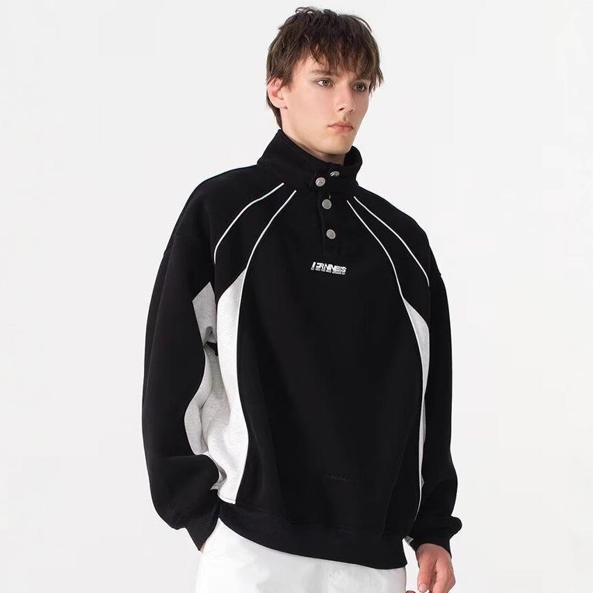 2025 Trendy Hong Kong Style Color Block Polo Shirt with Embroidery Lettering - Men's Retro Loose Hoodie