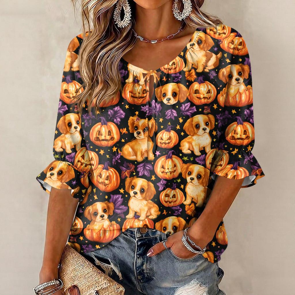 Women's Halloween Print Round Neck Tie Front Ruffle Three-Quarter Sleeve Blouse for Festive Party Wear