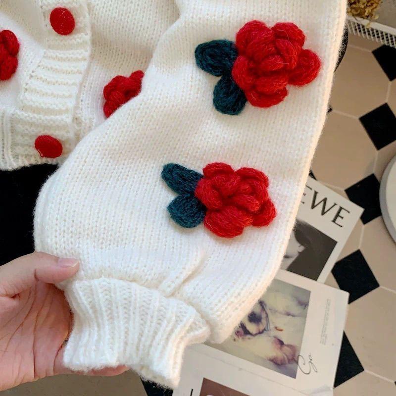 Three Dimensional Flower Loose Knit Cardigan Short Sweater Women's Coat