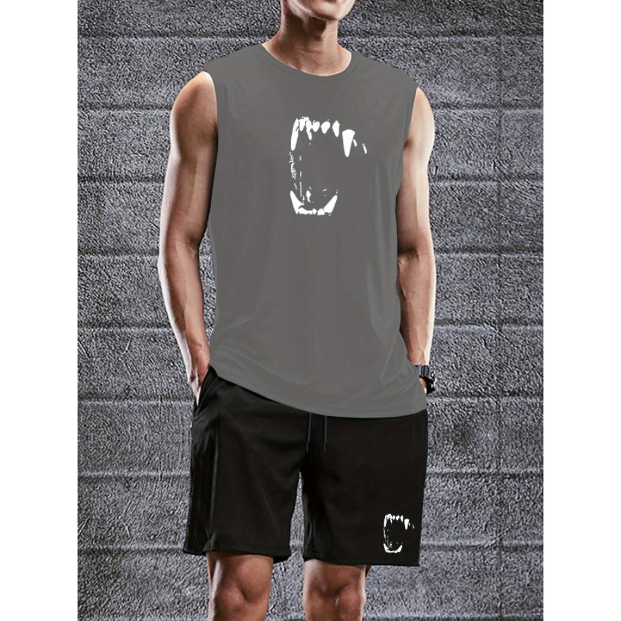 Модный Мужской Комплект: Майка и Шорты с Графическим Принтом Полиэстер Дышащий Эластичная Талия Свободный XXL серый