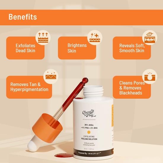 Chemist at play 26% AHA 2% BHA 4% PHA Roztwór peelingujący | Peeling chemiczny do twarzy | 10-minutowy peeling usuwający opaleniznę | Testowany dermatologicznie | 30 ml