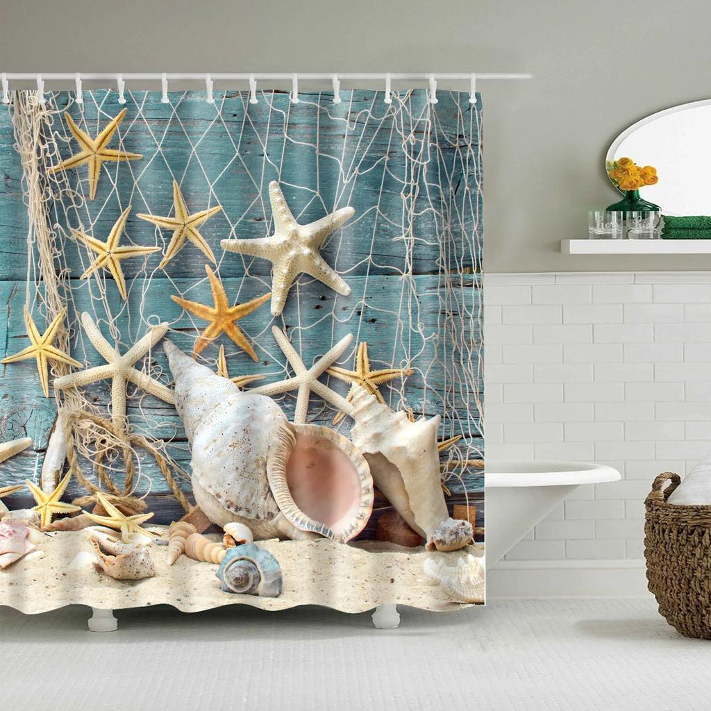 Sea Beach Shell Printed Anchor Octopus Pattern Shower Curtain Bathroom Curtains With Hooks Waterproof Products Bathroom Decor