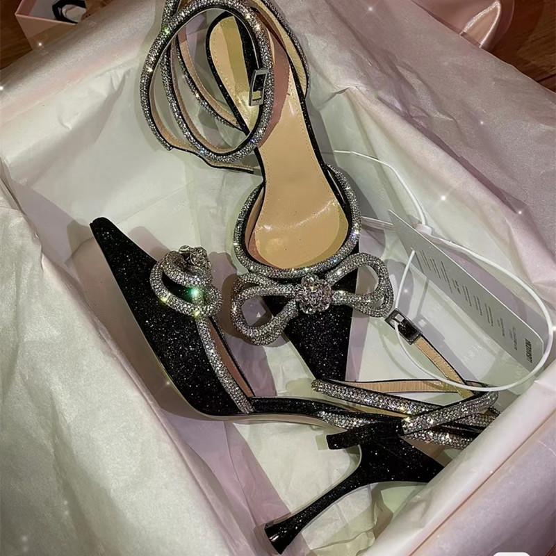 Ins style Glitter Crystal Women Pumps Sexy Ankle strap Rhinestones Bowknot Wedding High heels Summer Party Prom Shoes