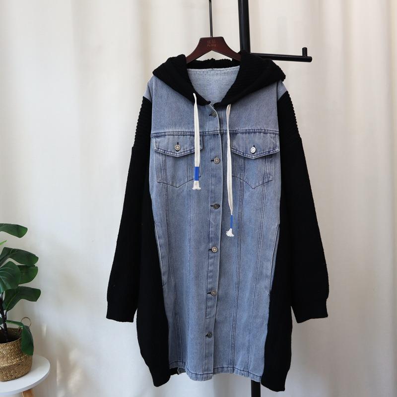 Hooded Long Denim Splicing Sweater Jacket Autumn and Winter New Design Thickened Loose Knitted Cardigan Women