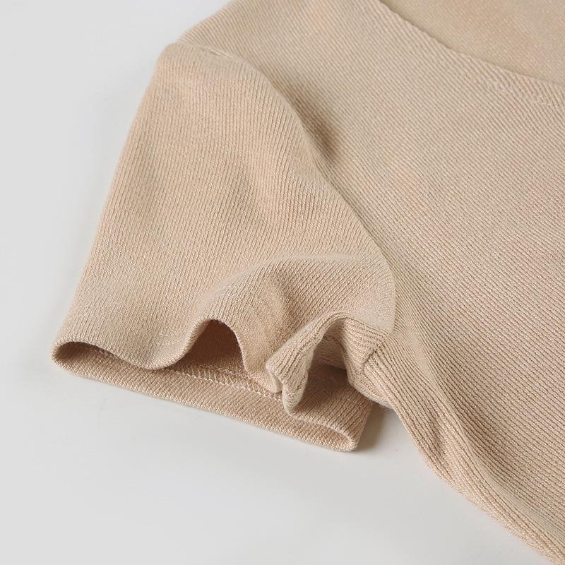 Women Beige V Neck Button Front Short Sleeve Knit Bodycon Mini Dress