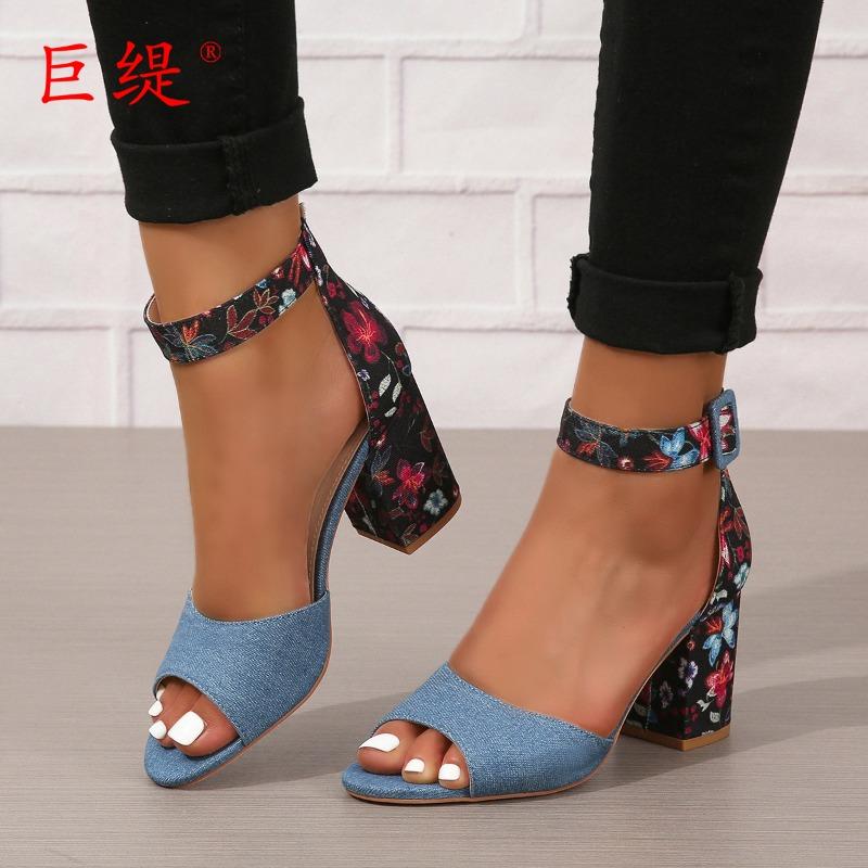 

Новые модные женские босоножки большого размера с вышивкой на толстом каблуке, женские босоножки на высоком каблуке с пряжкой US code 11 джинсовый синий