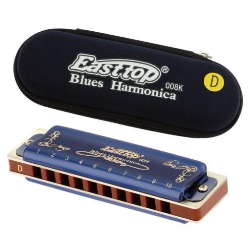East Top Blues Harmonica, 10-Hole, E Key, 20 Tones, Brass Cover, Canvas Case, Cleaning Cloth, Diatonic Harmonica for Beginners and Professionals, Stud