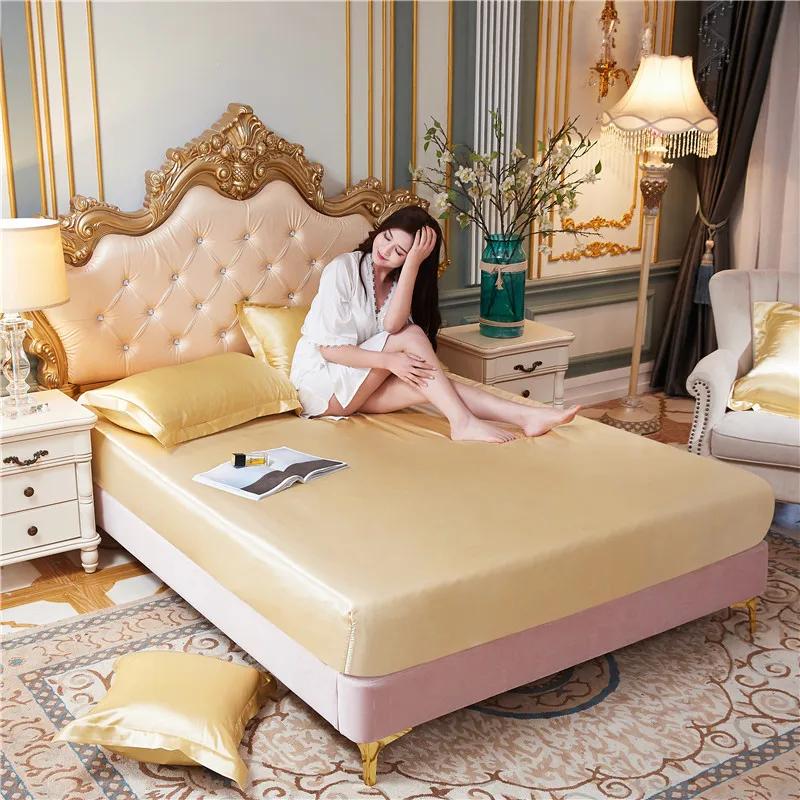 Luxury Pure Satin Queen Bed Sheet Set High End Silky Home Bed Sheets Pillow Cover Single Double Fitted Sheet with Elastic Band