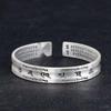 Sterling Silver Retro Brushed Six-Character Mantra Heart Sutra Unisex Open Bangle Bracelet
