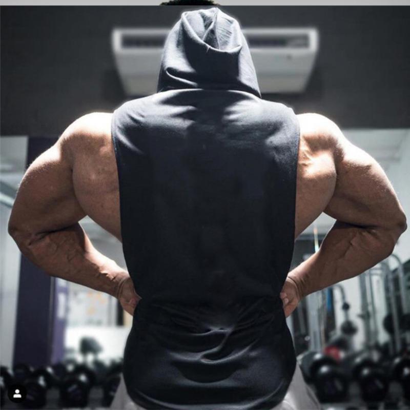 Men's Bodybuilding Fitness Sports Vest Hooded Sleeveless T-shirt Five-star Stitching Loose Large Size