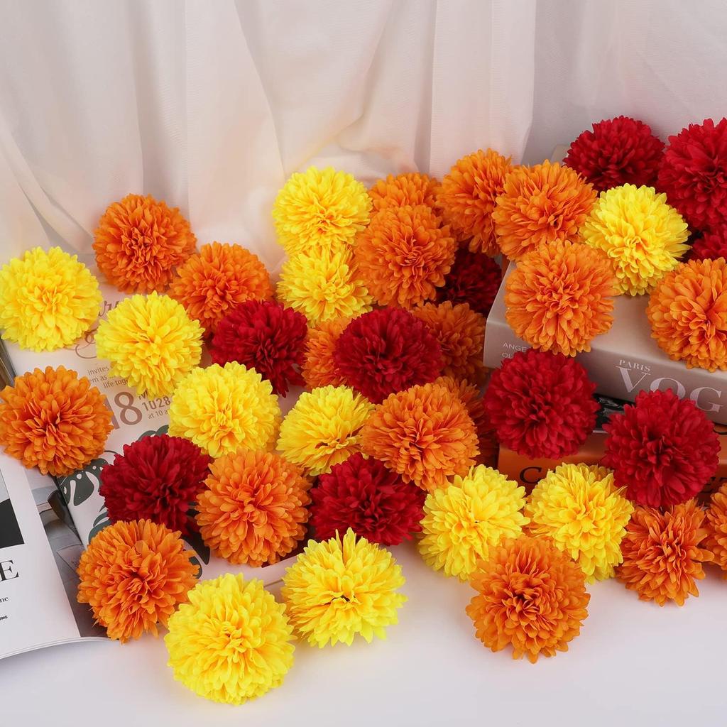40Pcs 2.75'' Marigold Flowers Heads Bulk, Silk Marigold Artificial Flowers for Diwali Home Decor DIY Wreath Garland Craft Baby Shower Wedding Mexican