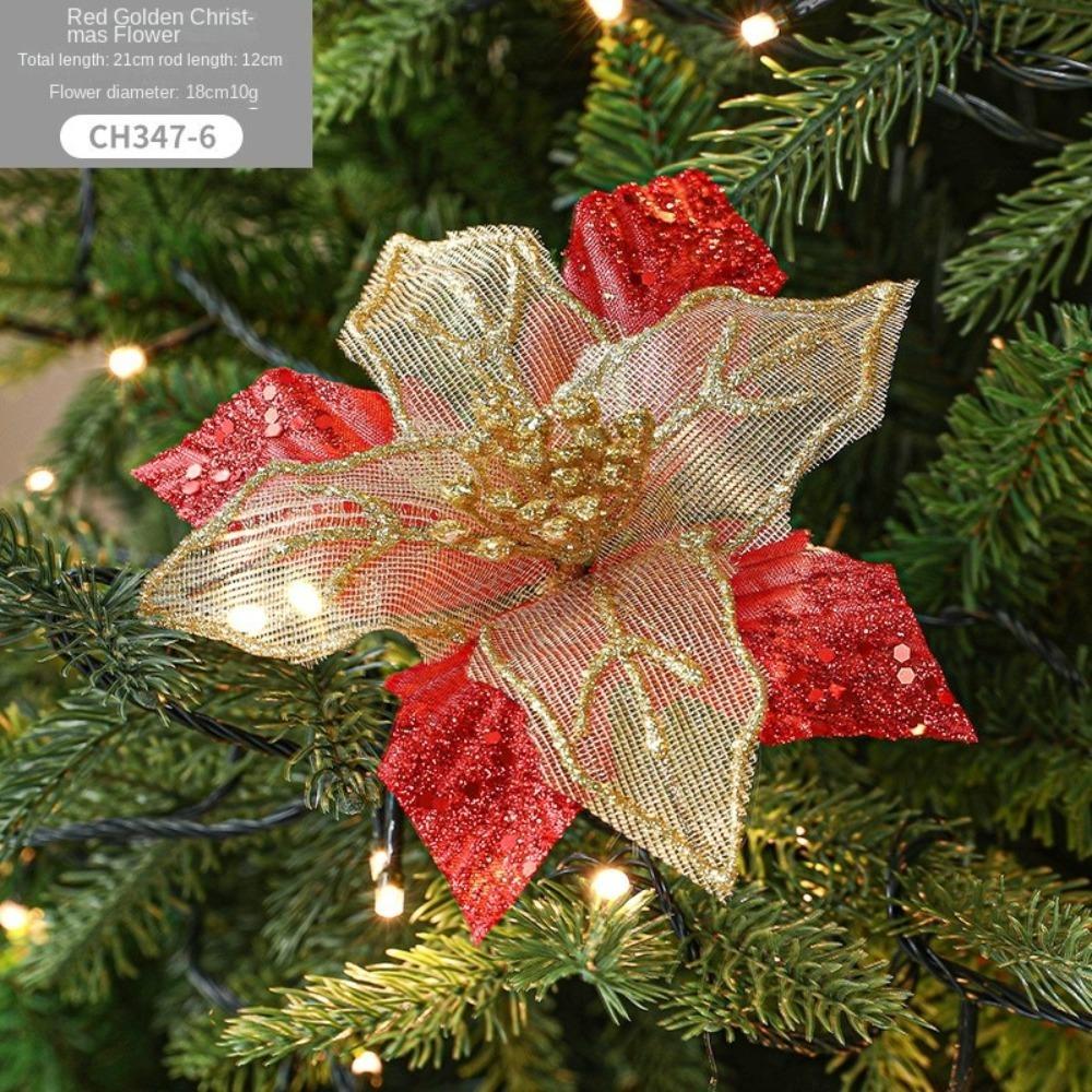 18cm Poinsettia Glitter Flower DIY Fake Flowers Christmas Flowers Large Hanging Ornaments Xmas Tree Decorations