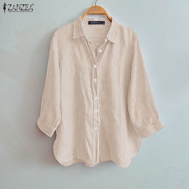 ZANZEA Damen Umlegekragen Locker Lässig 3/4 Ärmel Gestreifte Bluse