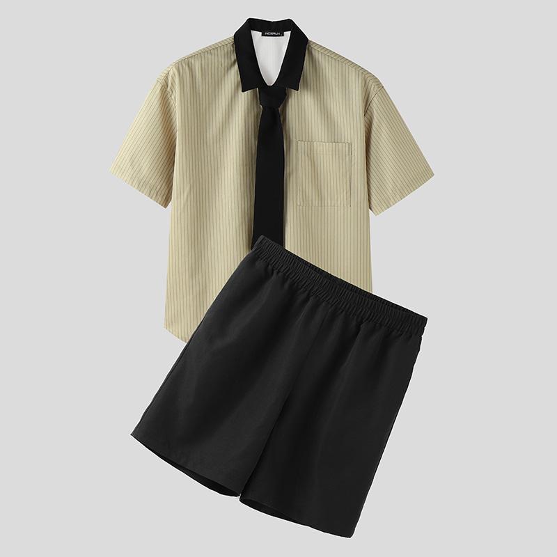 

INCERUN Мужские комплекты из двух частей: рубашки с коротким рукавом на завязках, в полоску, пэчворк, и короткие брюки, повседневные M хаки