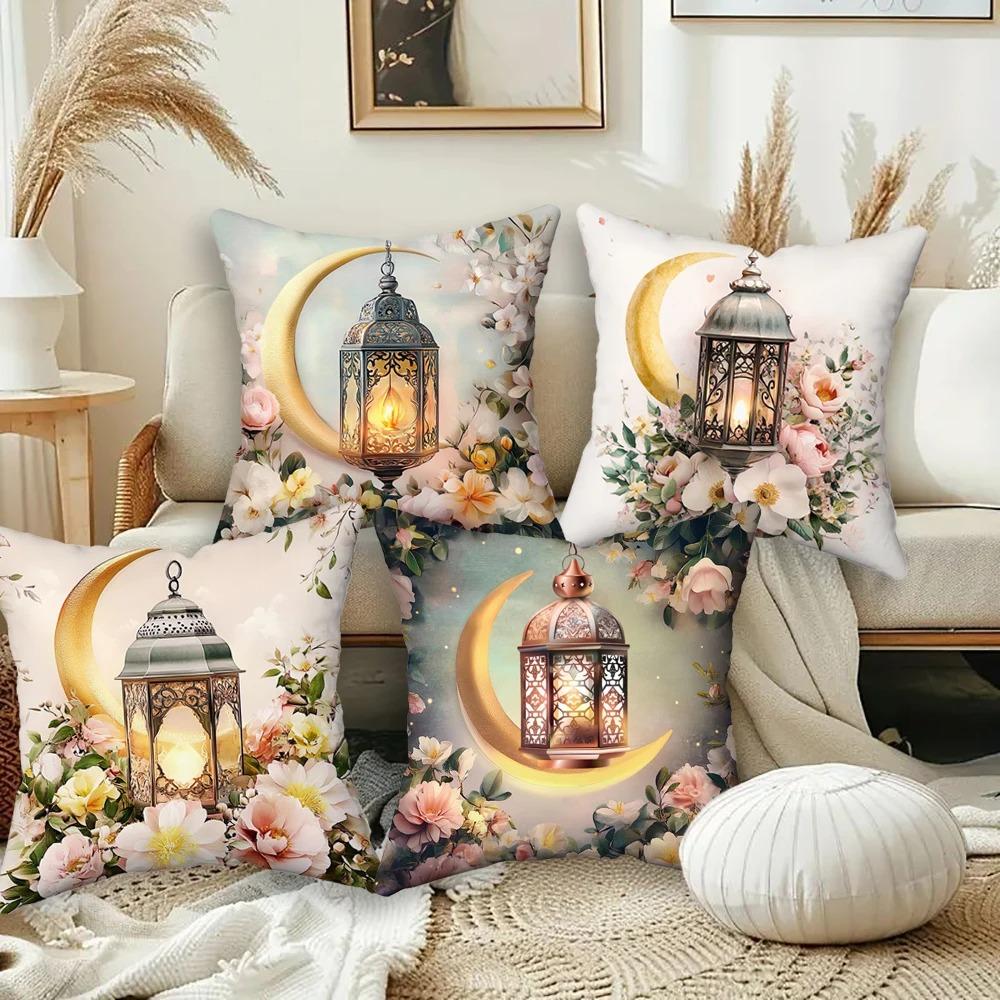 Home Decor Floral Lantern And Crescent Moon Pillow Cover Pattern Cushion Cover Suitable For Sofa Bedroom Car Pillow Cover