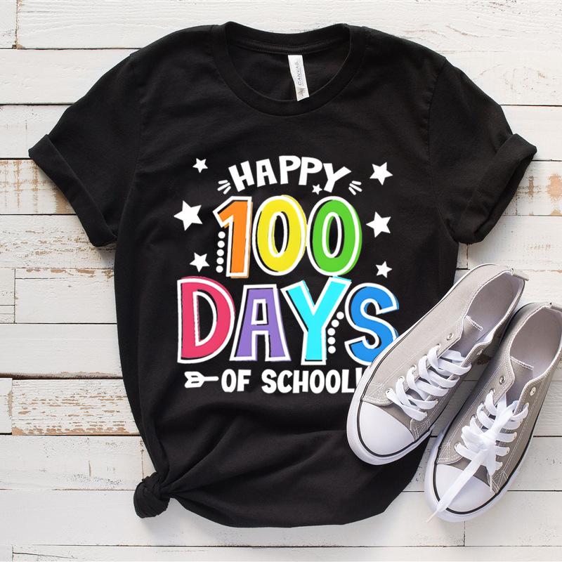 Women's Top 100 Days of School Printed High Street Trendy Fashion Casual Cotton T-Shirts Women’s