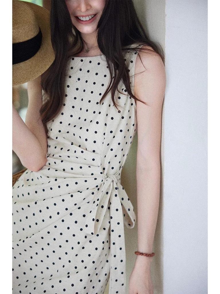 Polka Dot Linen-Cotton Dress for Women with Cinched Waist, French Style