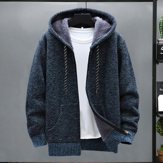 Men Winter Thickened Plush Lining Sweater Coat Hooded Drawstring Long Sleeve Pockets Zipper