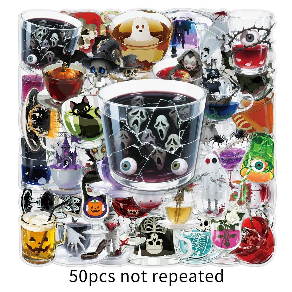 50 Transparent and Bizarre Teacup Stickers, Halloween Horror Ghost Skull Waterproof Decorative Stickers