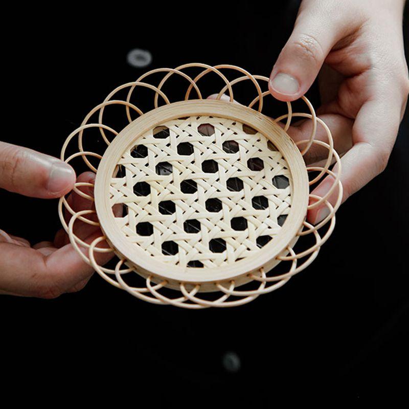 Handmade Rattan Woven Tea Trays Laciness Cup Holder