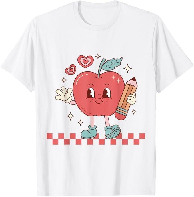 Cute Retro Checkered Apple with Face Teacher Pencil Trendy T-Shirt
