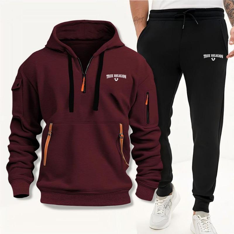 2024 European and American Men's Multi-pocket Multi-zipper Fleece-lined Sweater Suit Daily Joker Street Fashion Fashion Fashion